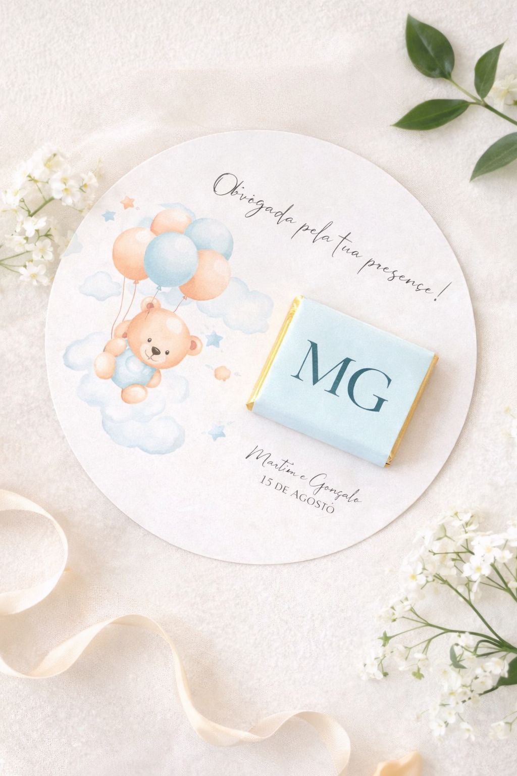 Marcador de Lugar Personalizado para Batizado e Baby Shower – Ursinho