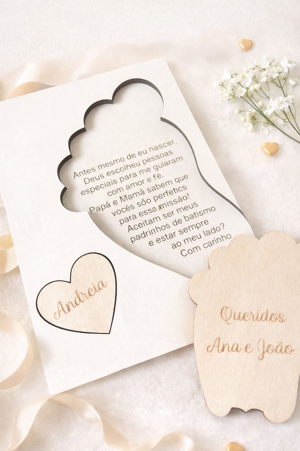 Convite Personalizado para Padrinhos de Batismo em Madeira – Um Pedido Cheio de Amor